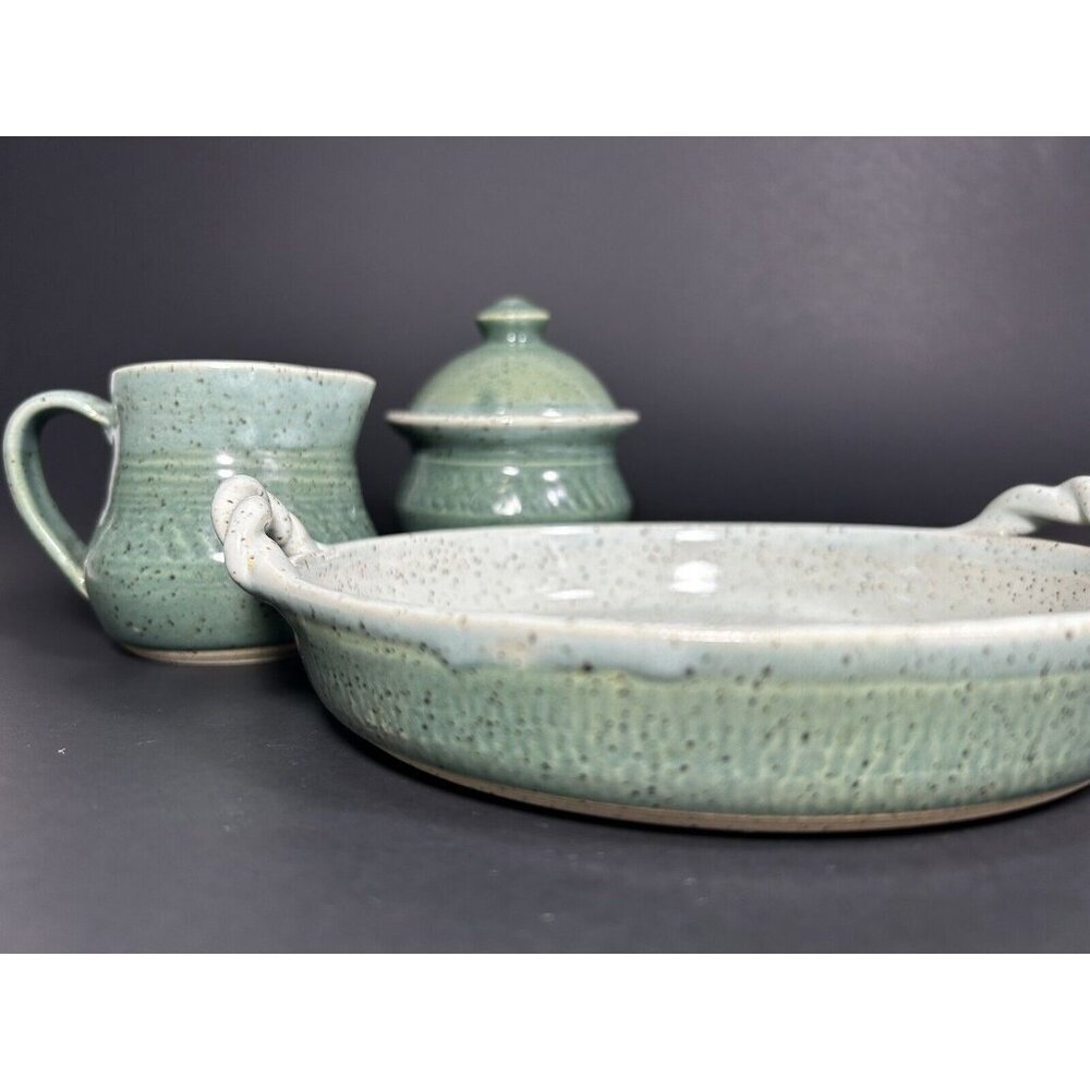 Signed Studio Art Pottery Cream And Sugar On Serving Tray Green Speckled Glaze - Picture 5 of 11
